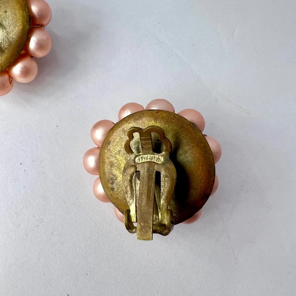 Vintage Japan Pink Faux Pearl Beaded Clip On Earrings Mid Century Classic Preppy